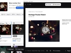 ImgSeek desktop interface showing visual search results for a pocket-watch image alongside a preview of a PDF catalog page containing the matching image.