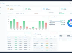 Immomanager property-management dashboard showing rental income, cashflow, ancillary costs, loans, charts, expense tables, and tenant information panels.