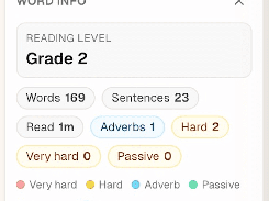 Word Info panel showing a Grade 2 reading level, 169 words, 23 sentences, one-minute reading time, and counts for adverbs and difficult wording.