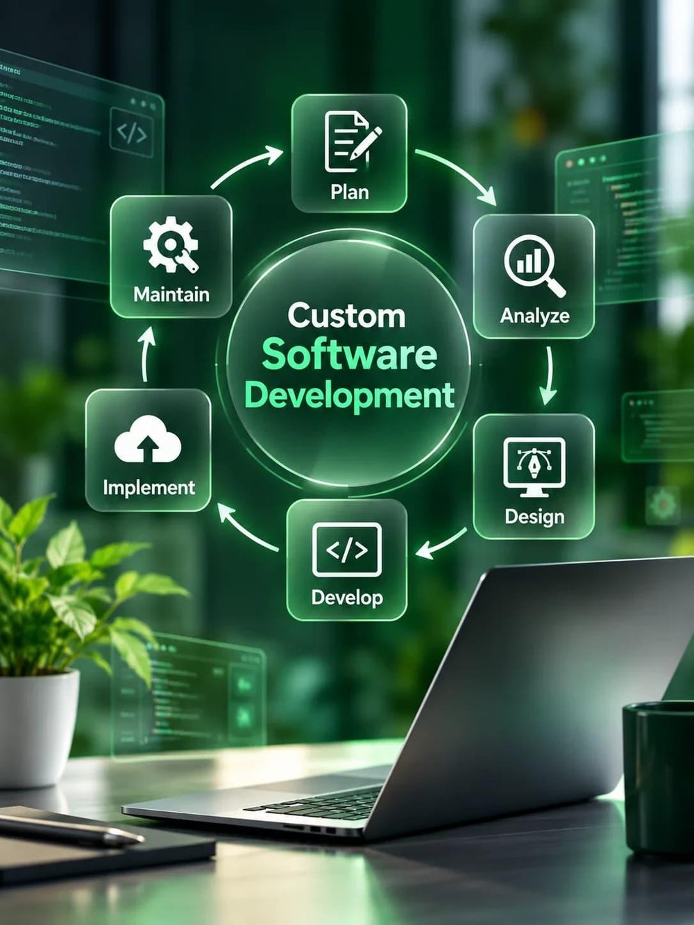 A circular diagram titled “Custom Software Development” connects the stages Plan, Analyze, Design, Develop, Implement, and Maintain.
