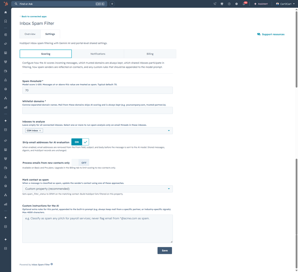 Inbox Spam Filter settings page with scoring threshold, whitelist domains, selected inboxes, privacy toggle, contact marking options, and custom AI instructions.