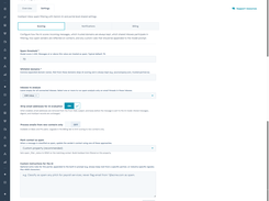 Inbox Spam Filter settings page with scoring threshold, whitelist domains, selected inboxes, privacy toggle, contact marking options, and custom AI instructions.