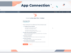 HubSpot authorization page titled “Connecting Inbox Spam Filter to HubSpot,” listing requested CRM, subscription, and conversation permissions.