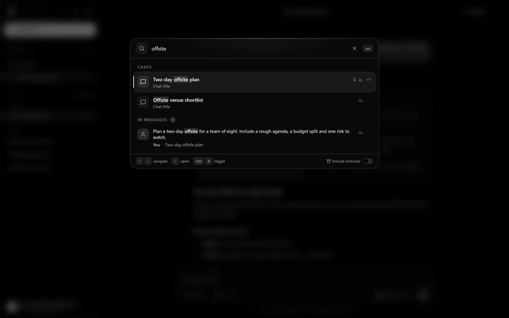 Dark-mode Incbury search dialog with results for “offsite” across chats and messages.
