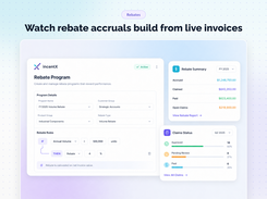 Rebate program builder with volume rebate rules, a summary of accrued, claimed, and paid rebates, and claim status.