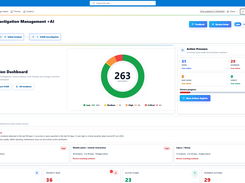 AI-powered Incident and Investigation Management Dashboard showing total incident breakdown via a central ring chart, real-time metrics, an AI Trend Warning banner, and an Action Pressure task-tracking module.