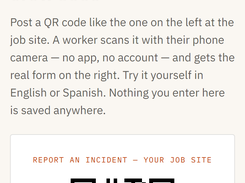 Worker-facing incident form, reached by scanning a QR code at the job site — no app, no login