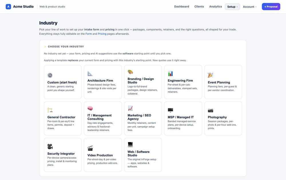 Industry setup page with selectable template cards for trades including architecture, branding, engineering, event planning, IT consulting, marketing, photography, security, video production, and web/software studios.