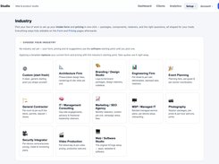 Industry setup page with selectable template cards for trades including architecture, branding, engineering, event planning, IT consulting, marketing, photography, security, video production, and web/software studios.
