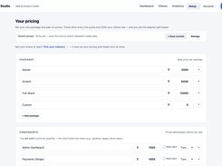 Pricing configuration page showing package price fields for Starter, Growth, Full-Stack, and Custom, plus priced components such as Admin Dashboard and Payments.