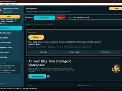 Ingenious Search desktop application dashboard with navigation for file search, email search, file organization, PDF Center, and settings.