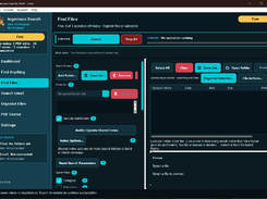 Ingenious Search desktop application's Find Files screen with folder selection, shared-index controls, filters, results area, and file preview pane.