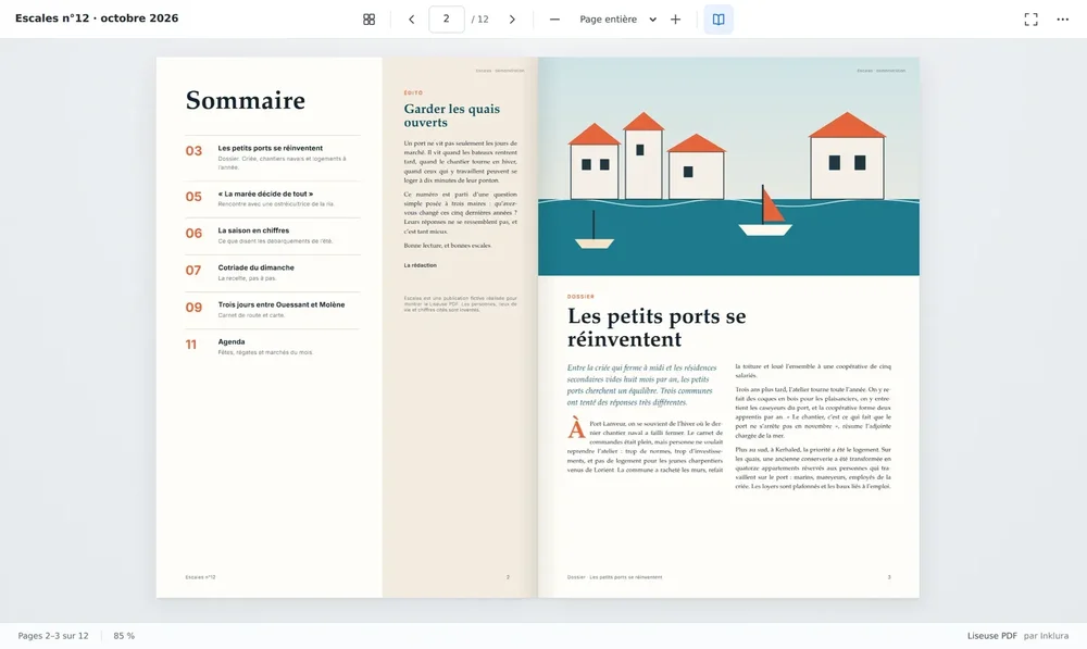 Inklura-branded PDF reader displaying a two-page French magazine spread with a table of contents and an illustrated article about small ports.