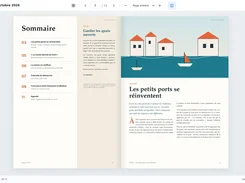 Inklura-branded PDF reader displaying a two-page French magazine spread with a table of contents and an illustrated article about small ports.