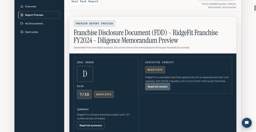 Attorney-ready Diligence Memorandum with Deal Grade, risk score, and Executive Deal Verdict.