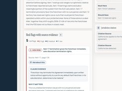 Source-linked red flags with quoted clause evidence, page references, and jurisdiction citations.