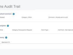 “Claims Audit Trail” screen with expandable cards for Parked Comment, Complete, and History, including statuses, categories, and comments.