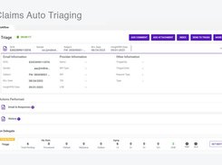 “Claims Auto Triaging” workflow screen with email information, provider information, action panels, controls, and queue statistics.