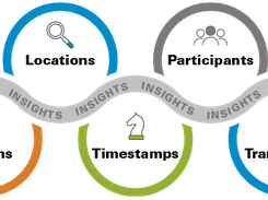 Diagram of four colored circular stages connected by a wavy band repeatedly labeled “INSIGHTS,” with search, group, lightbulb, horse-head, and rocket icons.