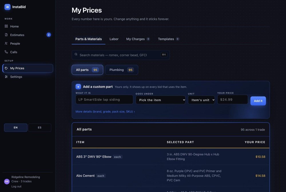 InstaBid dark-mode My Prices screen showing parts and materials categories, a custom-part form, and a table of plumbing item prices.