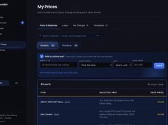 InstaBid dark-mode My Prices screen showing parts and materials categories, a custom-part form, and a table of plumbing item prices.