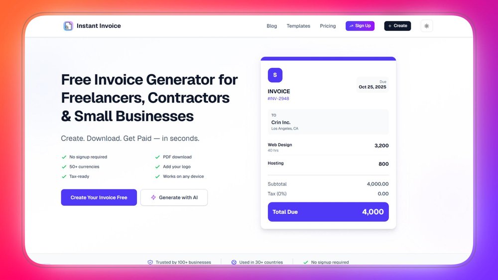 Create professional invoices in seconds — free, no signup needed. Instant Invoice supports 50+ currencies, PDF downloads, and AI generation, trusted by businesses in 30+ countries.