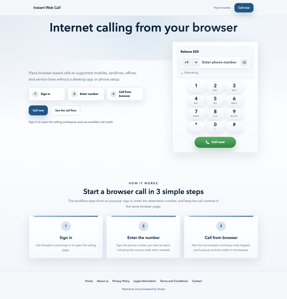 Instant Web Call browser calling homepage