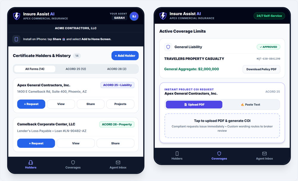 Two Insure Assist AI mobile portal screens showing certificate holders, coverage limits, and an instant project certificate-of-insurance request form.