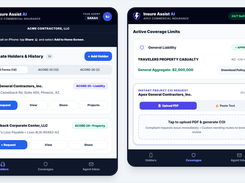 Two Insure Assist AI mobile portal screens showing certificate holders, coverage limits, and an instant project certificate-of-insurance request form.