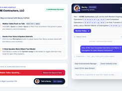 Insurance portal interface showing active client context, voice interaction instructions for Becky CoPilot, and a policy question-and-answer chat panel.