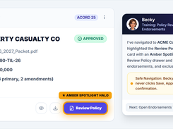 Insurance policy card for Travelers Property Casualty with coverage details, approval status, Review Policy button, and a Becky training panel.