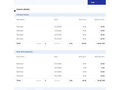 Automatically generated student invoice: lesson charges, discounts and balance