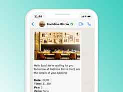 Automatic booking confirmation sent over WhatsApp by a restaurant, with the date, time, number of guests and seating area, so customers have every detail at hand.