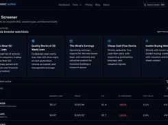 Stock Screener page with curated watchlist cards, filter controls, and a stock-results table including NVDA and AAPL.