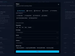 Stock Screener filter dialog with preset filters, geography options, exchange, sector, industry, and market-cap controls.
