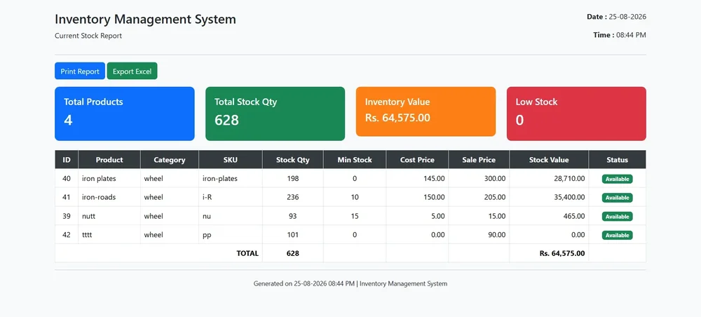 Inventory Management System current stock report with summary cards for products, stock quantity, inventory value, and low stock, followed by a product inventory table.