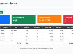 Inventory Management System current stock report with summary cards for products, stock quantity, inventory value, and low stock, followed by a product inventory table.