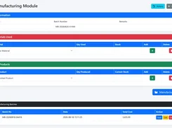 Manufacturing Module screen with batch information fields, raw-material and finished-product entry tables, a Manufacture Batch button, and recent manufacturing batches.