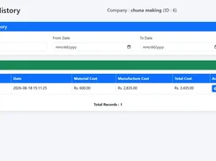 Manufacturing History screen with batch-number and date search fields and a manufacturing batch list showing material, manufacturing, and total costs.