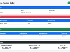 Manufacturing Batch detail screen showing batch information, raw materials consumed, finished products, and a cost summary for material, manufacturing, and total costs.