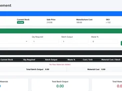 Recipe Management screen for a finished product, with product stock and pricing details, raw-material input fields, recipe summary table, and batch cost summary cards.