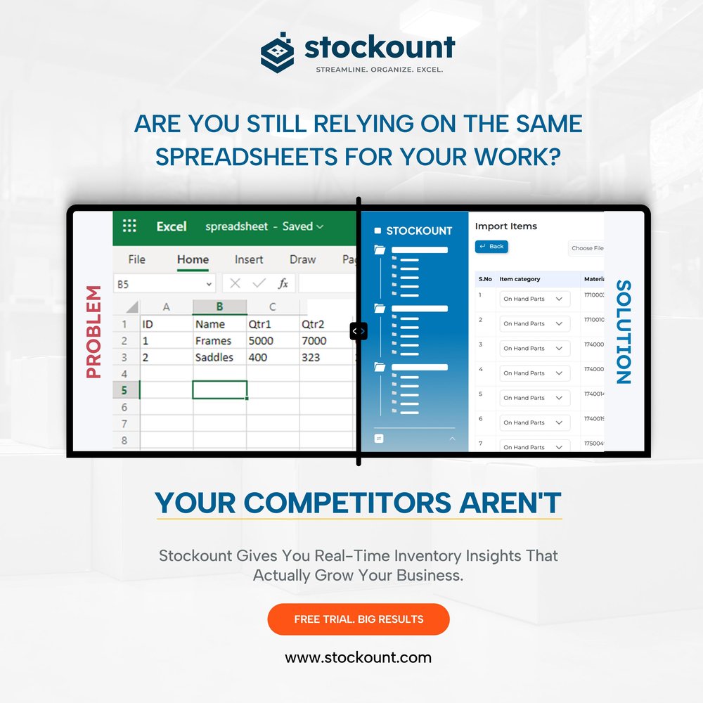 Still relying on spreadsheets to track stock? It’s time to upgrade. Stockount delivers real-time inventory control, mobile audits, and barcode-based accuracy—so you can manage smarter, not harder. 🚀 Free trial. Big results. Fast ROI. 👉 www.stockount.com