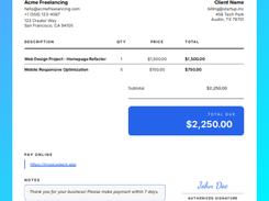 Beautiful, client-ready PDF invoices generated instantly with premium templates, custom brand colors, and digital signatures.
