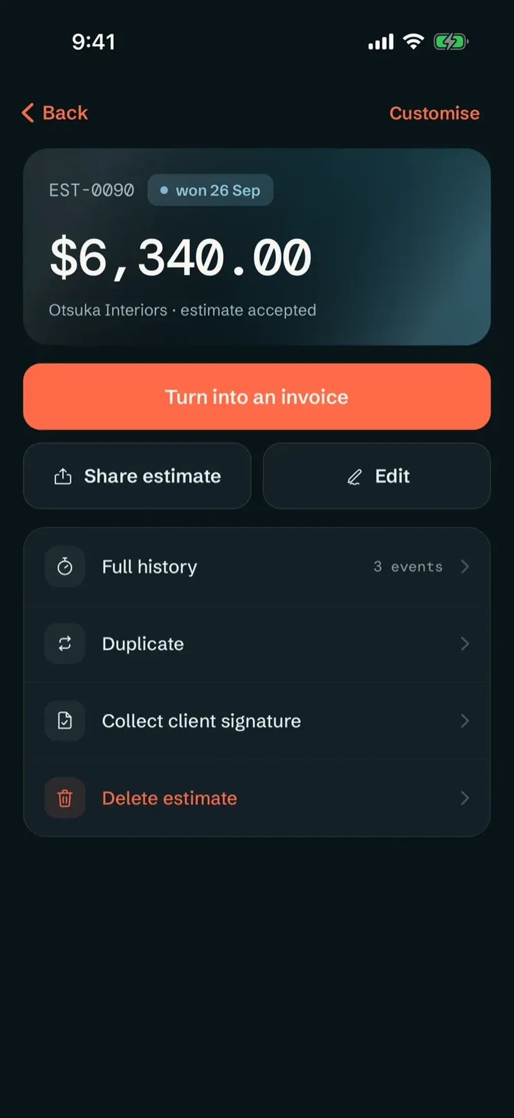 Mobile estimate screen showing a $6,340 accepted estimate with actions to turn it into an invoice, share, edit, view history, duplicate, and collect a client signature.