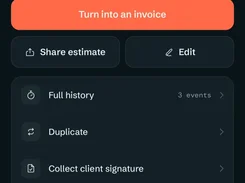 Mobile estimate screen showing a $6,340 accepted estimate with actions to turn it into an invoice, share, edit, view history, duplicate, and collect a client signature.