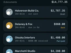 Mobile Invoices tab listing six invoice records with customer names, amounts, and draft, sent, part-paid, paid, and overdue statuses.