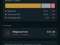 Mobile Expenses screen with receipt scanning, a monthly expense-category bar, expense records, search, and an Add an expense button.