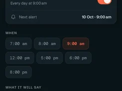 Mobile overdue-alert settings screen with a reminder toggle, selectable alert times, and a sample overdue invoice notification.