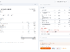 Review screen: the source PDF beside every extracted line item, with the math check showing a £45.00 gap
