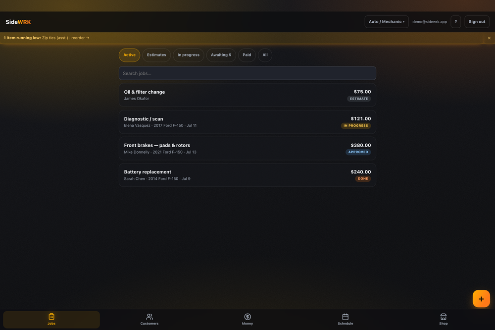 Use SideWRK to build and invoice customers for trade style SideWRK that you do.
